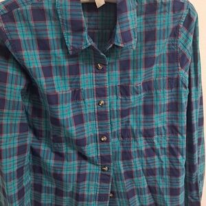 Roots Men's Plaid Button-Down Shirt in Teal and Navy